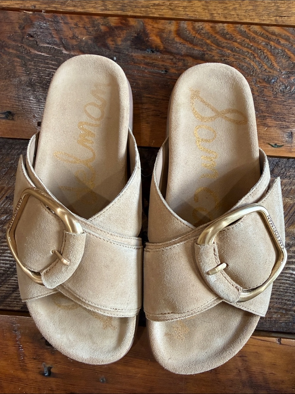 Sam Edelman Tan Suede Slide Sandals with Gold Buckle